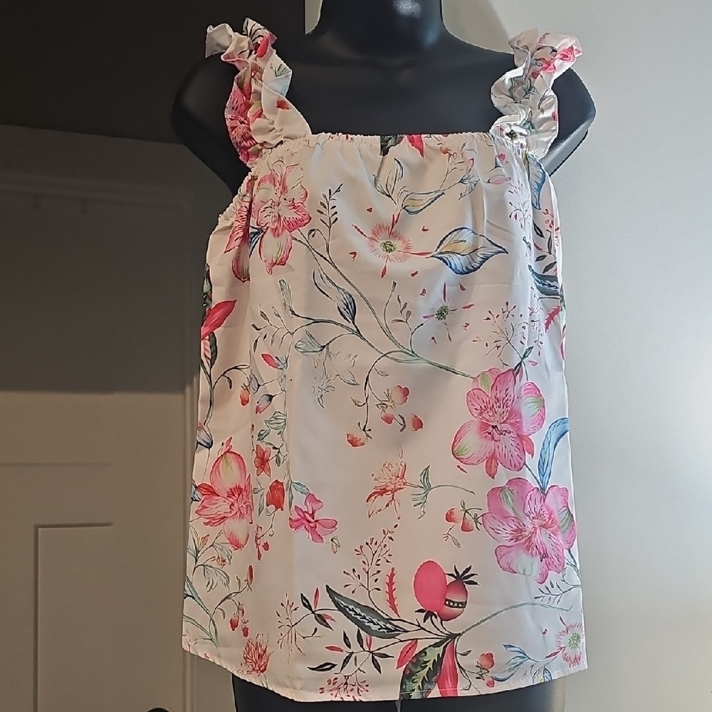 SHE + Sky Floral Ruffle Strap Top